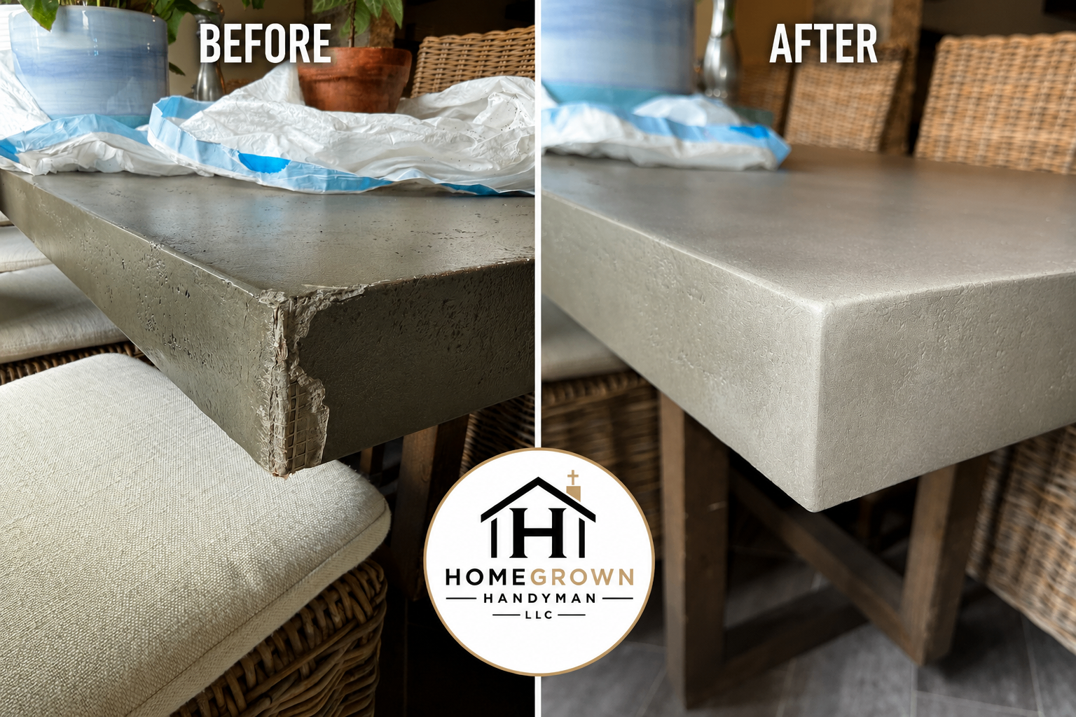 Side-by-side before and after of a chipped concrete dining table corner rebuilt smooth and flush