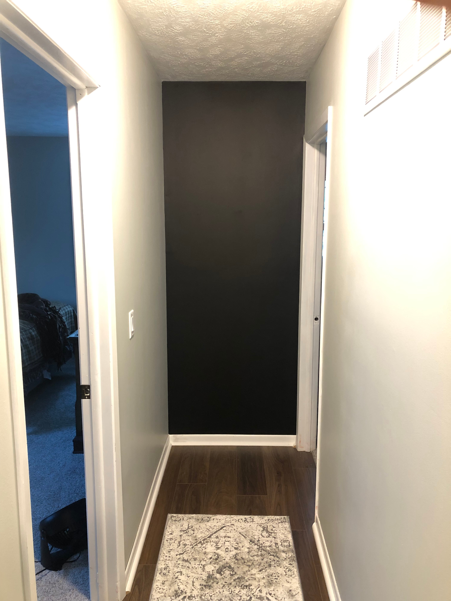 Narrow hallway with a full-height matte black accent wall, white side walls, white trim, and dark wood-look plank flooring