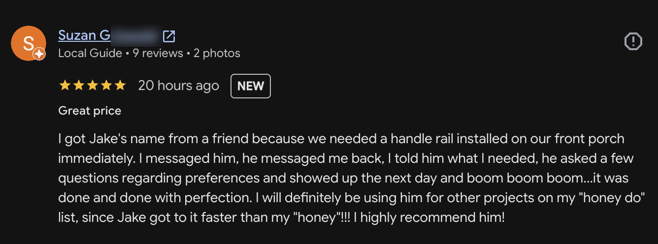 Five-star Google review praising HomeGrown Handyman for a fast, well-installed front porch handle rail