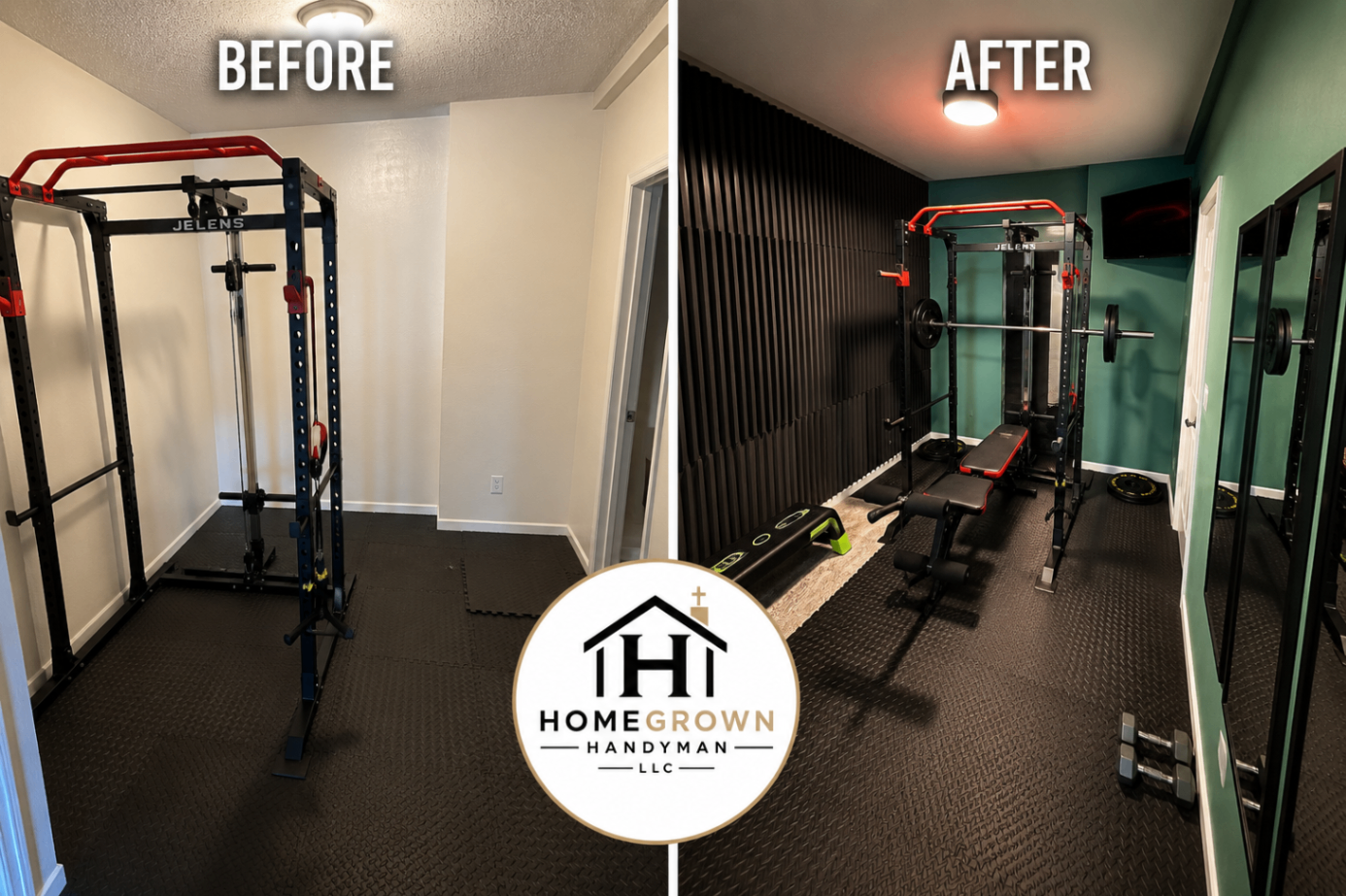 Side-by-side before and after of a small home gym transformed with a slat accent wall and mounted TV