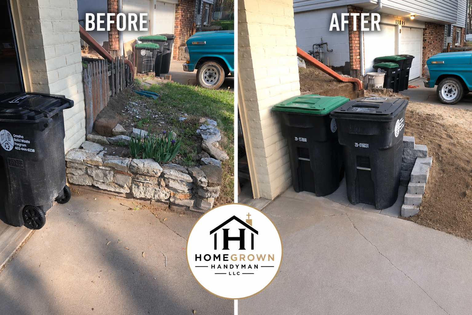 Side-by-side before and after of a side-yard trash bin area rebuilt with a clean stacked-block retaining wall